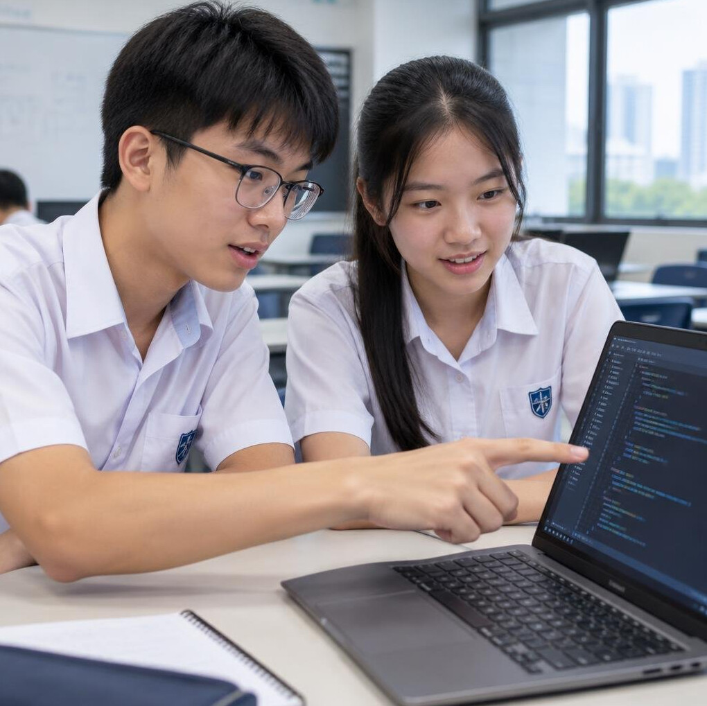 Two students pair programming on a shared laptop
